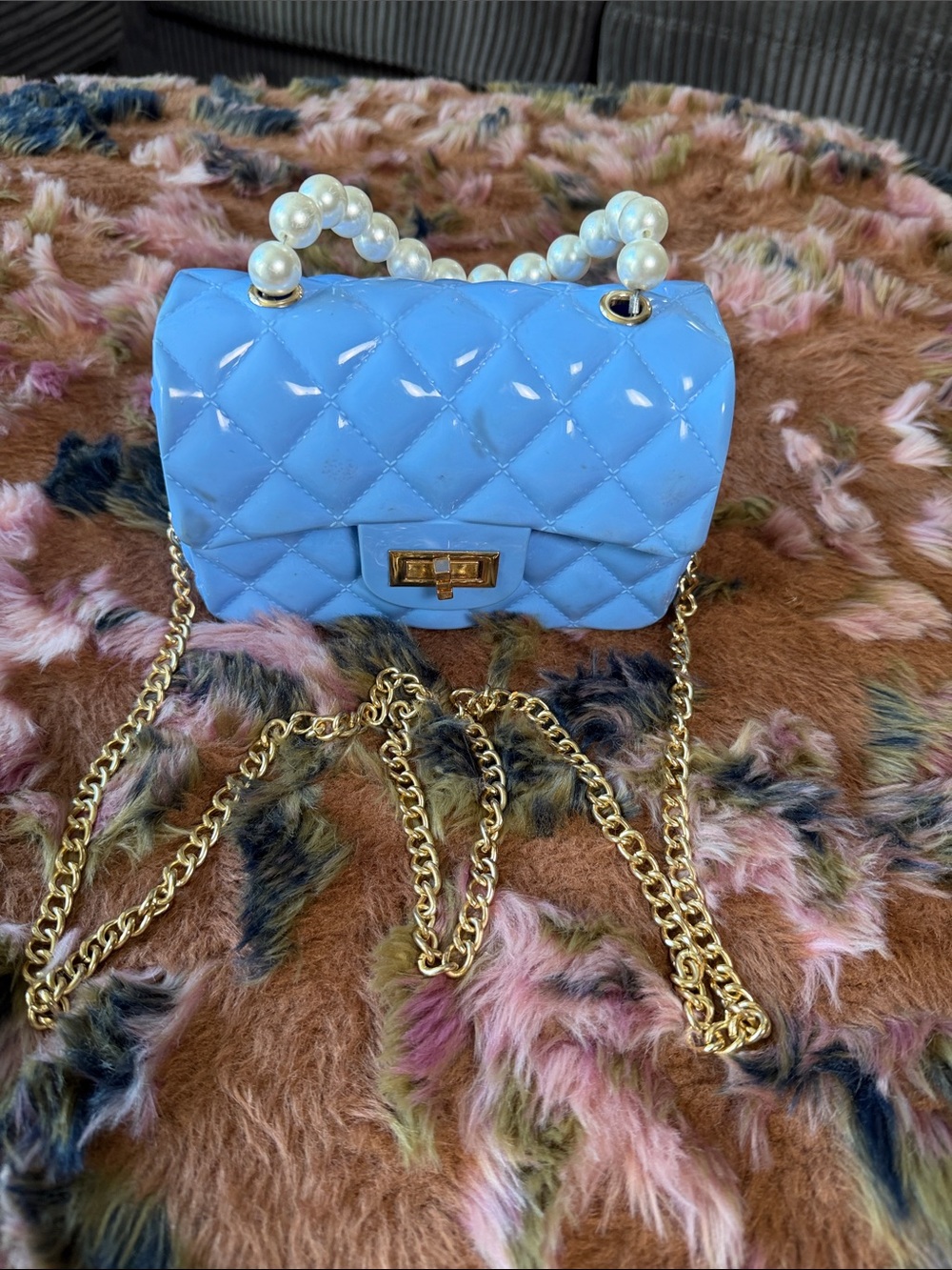 Blue Quilted Pearl-Handle Crossbody Bag